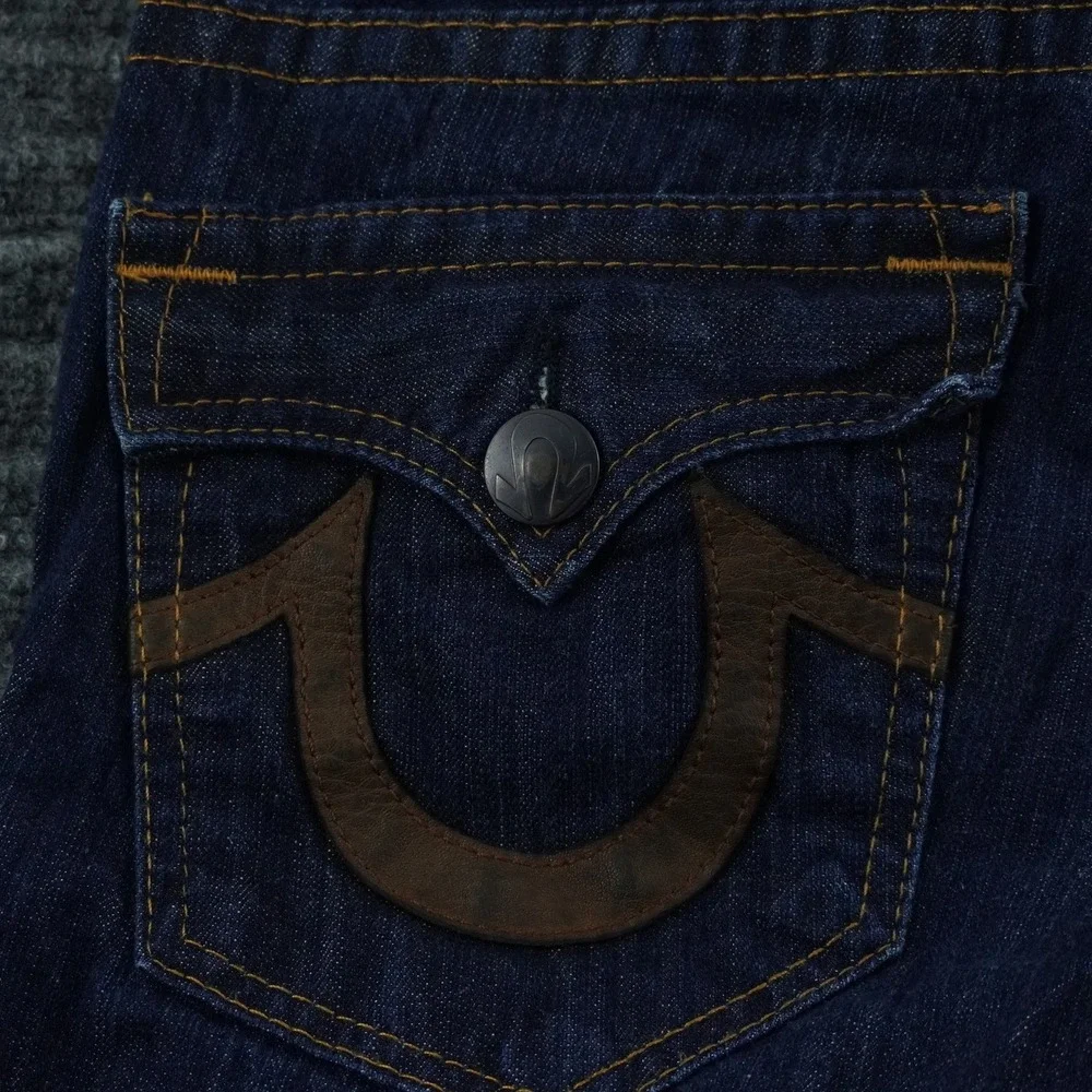 True Religion Straight Leg Jeans Mens 31 Dark Wash Blue Leather Horseshoe Logo